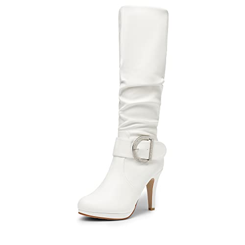 DREAM PAIRS Women's Paris White Pu Knee High High Heel Winter Boots - 9 M...
