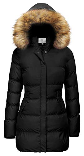WenVen Women's Winter Thicken Warm Coat with Fur Removable Hood (Black, XL)