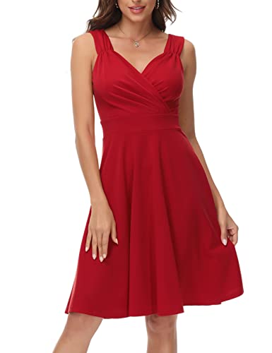 Red Cocktail Dress Sleeveless Wrap V-Neck Wedding Guest Dress Summer Dress...