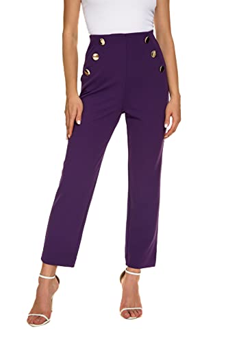 4. Women’s Casual High Waisted Ankle Cropped Pants Elastic Waistband Slant Pockets With Metal Buttons