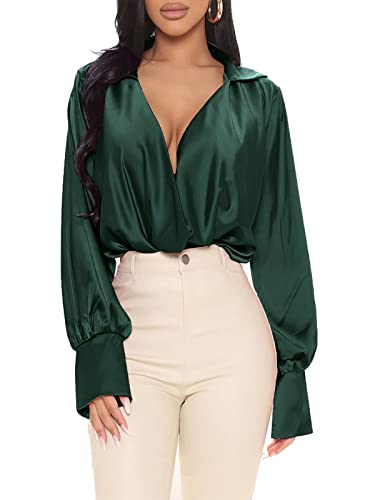 BWQ Women's Blouse Shirt Top Satin Collar Neck Drape Ruched Front Long...