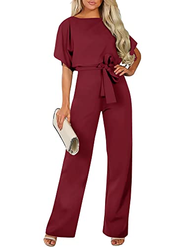 AUXDIO Elegant Womens Jumpsuit Dressy Homecoming Loose Short Sleeve Belted...