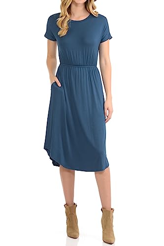 iconic luxe Women's Solid Short Sleeve Flare Midi Dress with Pockets Large...