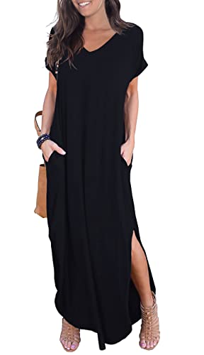 GRECERELLE Women's Casual Loose Pocket Long Dress Short Sleeve Split Maxi...
