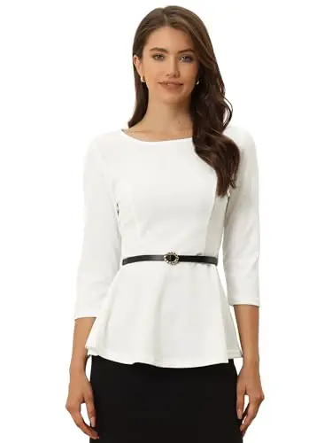 Allegra K Peplum Top for Women's 3/4 Sleeve Belted Elegant Business Work...