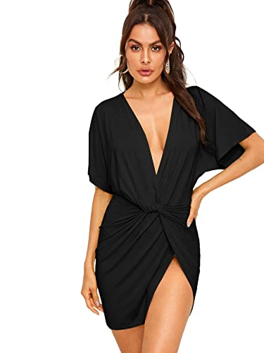 Floerns Women's Deep V Neck Twisted Plunging High Slit Mini Party Dress A...