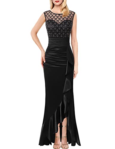 VFSHOW Womens Black Satin and Mesh Ruched Ruffles High Split Formal Evening...