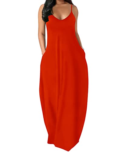 Maxi Dresses for Women Summer Casual V Neck Long Dress Red L