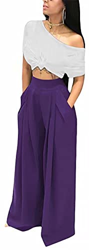 LROSEY Purple Wide Leg Pants for Women with Pleated High Waist Solid Color...