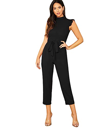 WDIRARA Women's Sleeveless Mock Neck Ruffle Trim Belted Cropped Jumpsuit...