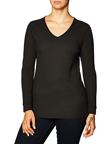 Fruit of the Loom Women's Micro Waffle Thermal V-Neck, Black, Large