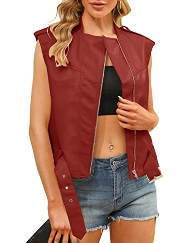 Ermonn Women's Faux PU Leather Vest Jacket Sleeveless Moto Biker Coat Open...