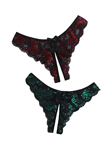 Floerns Women's Plus Size 2 Pack Lace Seamless V-Strings Thong Panties Set...