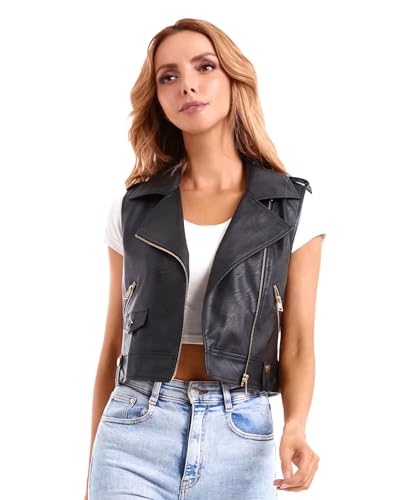 DIASHINY Faux Leather Vest For Women Lapel Sleeveless Moto Slim Fit PU...