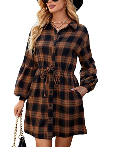 Blooming Jelly Womens Plaid Dress Flannel Puff Sleeve Button Down Shirt...