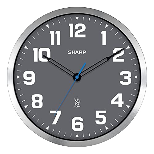 SHARP Atomic Analog Wall Clock - 12' Grey Face, Silver Brushed Finish -...