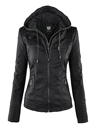 Lock and Love LL WJC663 Womens Removable Hoodie Motorcyle Jacket L BLACK