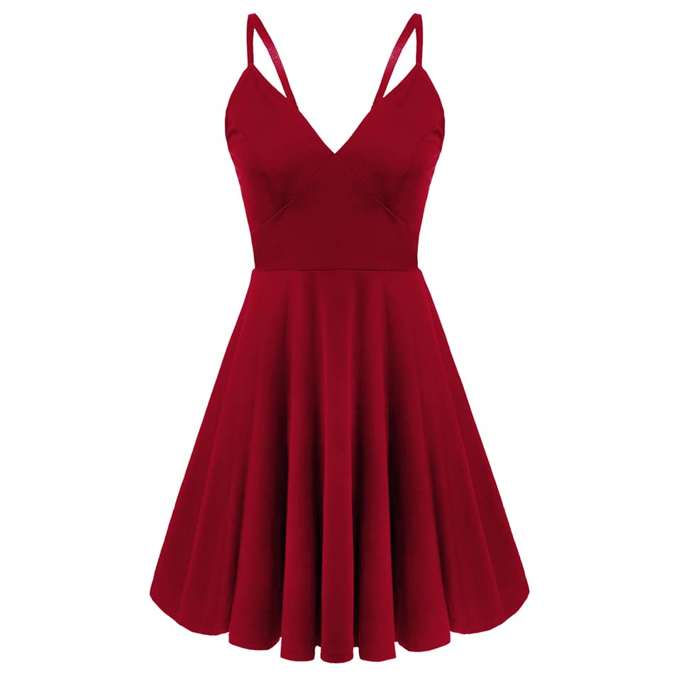 ELESOL Women Sexy Backless Spaghetti Strap Skater Dress Red Dress V Neck...