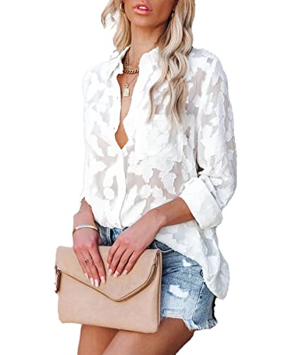 Sunshine swing Women's White Elegant Sexy See Through Blouse Shirt Long...