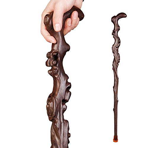 MUUL-WHCH Wood Cane with Supportive Curved Handle, Exquisite Carving...
