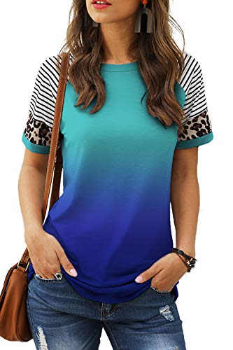 Casual Color Block Women Tops O-Neck Striped Shirt Ombre Blue M