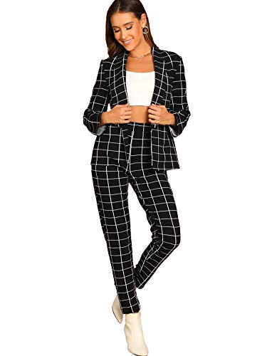 SheIn Women's Two Piece Plaid Open Front Long Sleeve Blazer and Elastic...