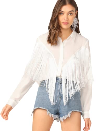 Verdusa Women's Fringe Trim Long Sleeve Button Up Blouse Shirt Top White...