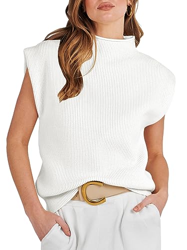 ANRABESS White Women Vintage Sleeveless Knit Sweater Vest Loose Fit Mock...