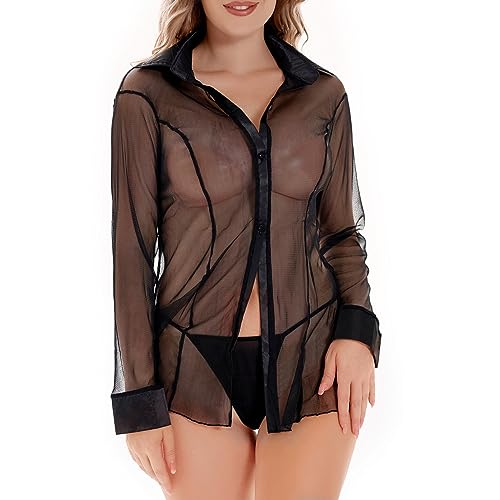 Ruzishun Sheer Mesh Button Shirt Women's Chiffon Shirt Long Sleeved...