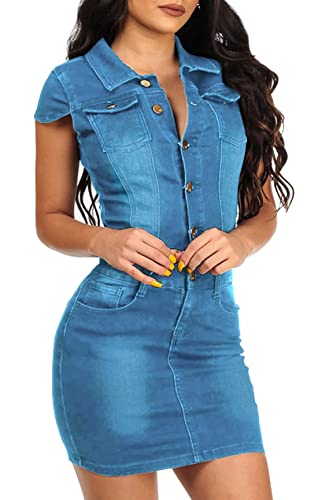 chouyatou Women's Cap Sleeve Bodycon 1/2 Button Placket Mini Denim Pencil...