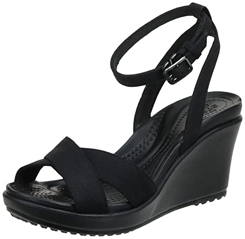 Crocs Women's Leigh II Cross-Strap Ankle Wedges Sandal, Black/Black, 4