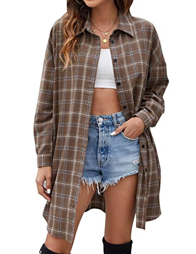 HangNiFang Long Flannel Shirts for Women Button Down Plaid Shirts Dresses...