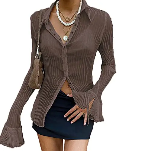 Women Sheer Button Up Blouse Sexy Collared Shirts Mesh Flare Sleeve Crop...