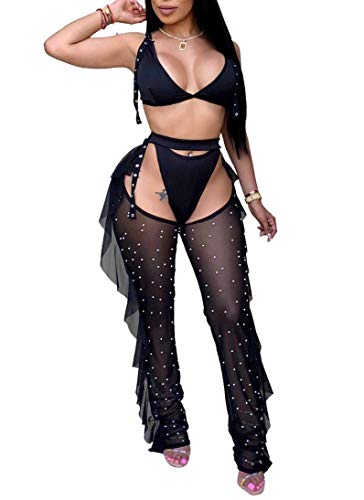 OLUOLIN Women Sexy Perspective Sheer Mesh Long Pants Hollow Ruffle Bikini...