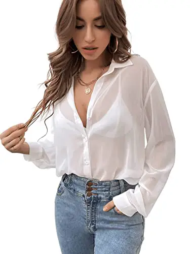 Verdusa Women's Sheer Mesh Button Down Shirt Top Long Sleeve Drop Shoulder...