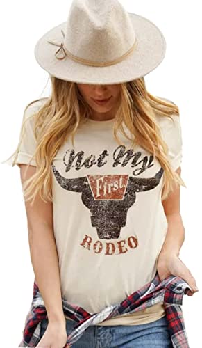 Not My First Rodeo Steer Skull T-Shirt Tee Women Casual Country Music...