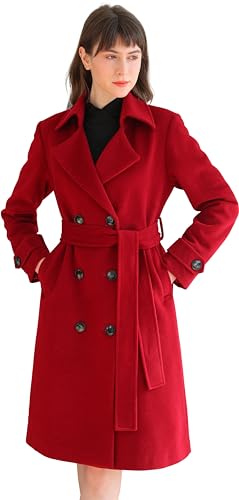 ACECOZY women Superior 100 Wool Trench Coat, Long Red Wool Coat with Belt M