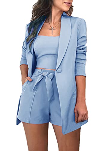 3 Piece Short Outfits for Women Long Sleeve Button Blazers & Vest Tank Tops...
