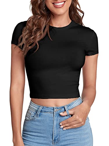 Verdusa Women's Casual Basic Cap Sleeve Slim Fitted Round Neck Crop Tee Top...