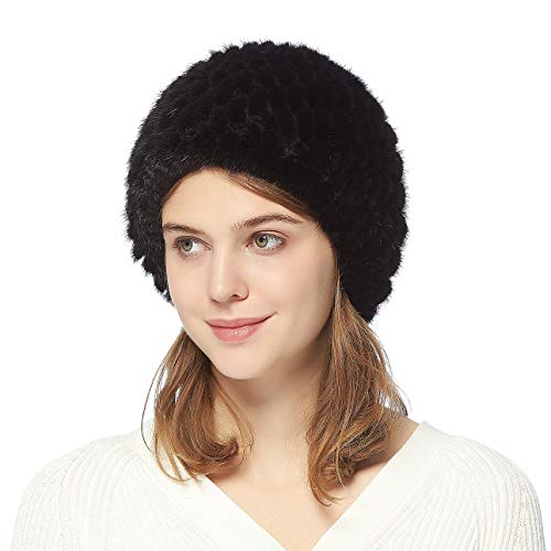 Women's Fur Hat Genuine Mink Fur Hat Knitted Beanie Hat Furry Winter Hat...