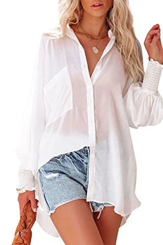 CHYRII Women's Sheer Puff Long Sleeve Button Down Shirts Loose V Neck...