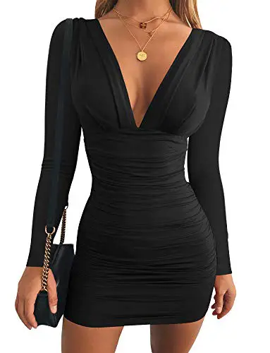 GOBLES Women's Sexy Long Sleeve V Neck Ruched Bodycon Mini Party Cocktail...