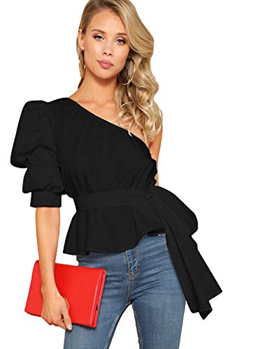 Romwe Women's One Shoulder Short Puff Sleeve Self Belted Solid Blouse Top...