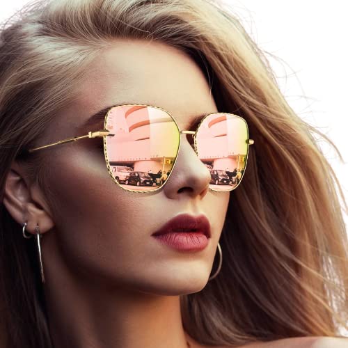 LUENX Trendy Square Oversized Women Aviator Sunglasses - Polygon Flat Three...