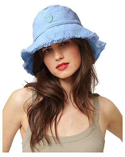 NLCAC Sun Hat for Women Cotton Frayed Trim Smiley Face Bucket Hat Beach...