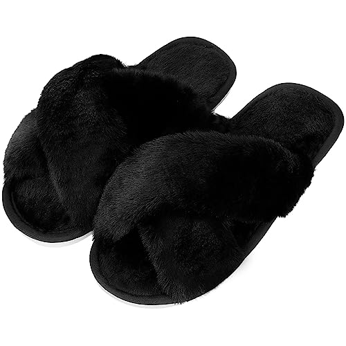 DOIOWN Women's Fuzzy Black Slippers Memory Foam Cute House Slippers Plush...