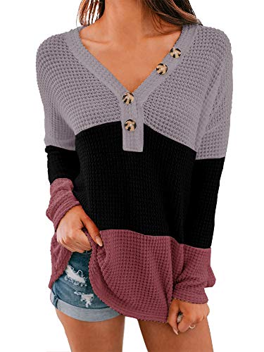 Lynwitkui Womens Long Sleeve Waffle Knit T Shirt V Neck Color Block Tunic...