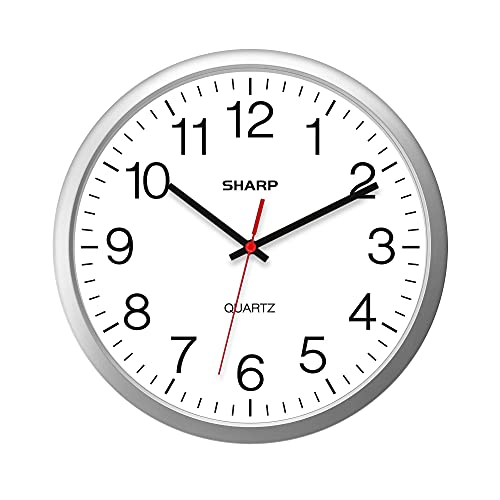 SHARP Wall Clock – Silver, Silent Non Ticking 14 Inch Quality Quartz...