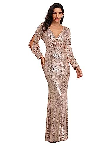 Women's Floor Length Shinny Sequin Mermaid Evening Dress Sleeve Prom Gown...