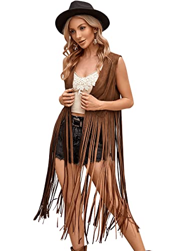 Verdusa Women's Studded Fringe Vest Hippie Sleeveless Open Front Suede...